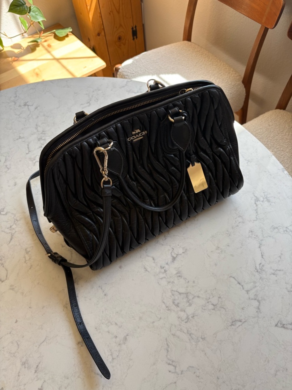 Coach Black Quilted Leather Shoulder Bag with Red Pom Pom Charm - Picture 7 of 12